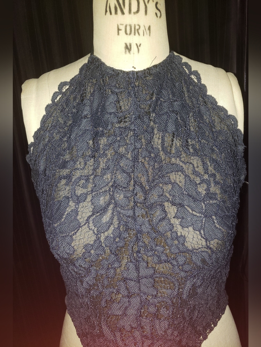 Zara Navy Blue Lace Halter Scallop Edge Top M